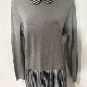 Adrianna Papell Gray Sweater with Striped Collar